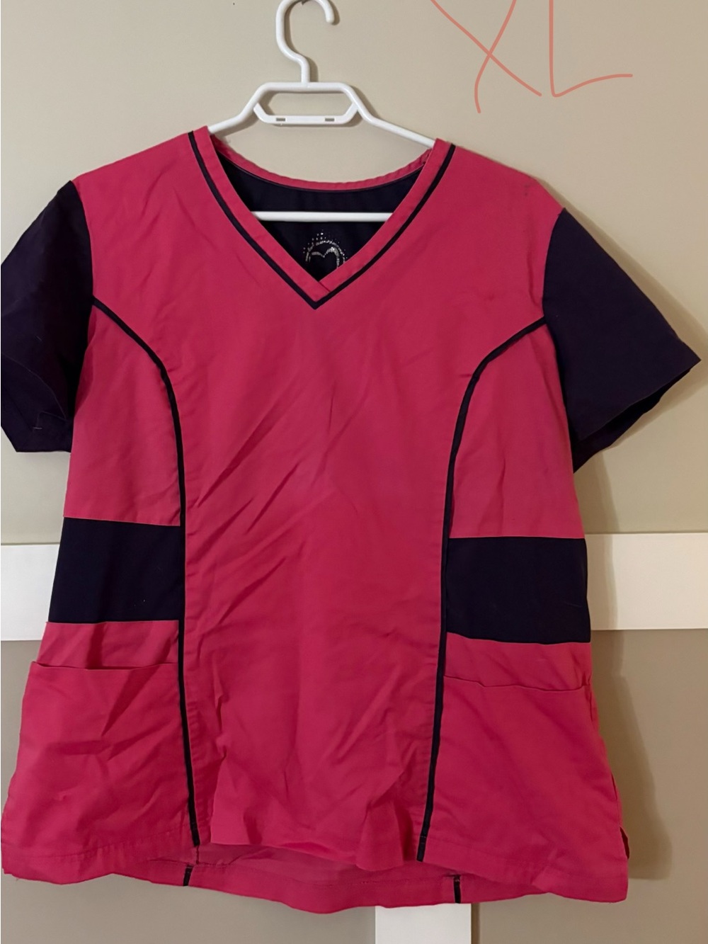 Pink and Black V-Neck Scrub Top XL